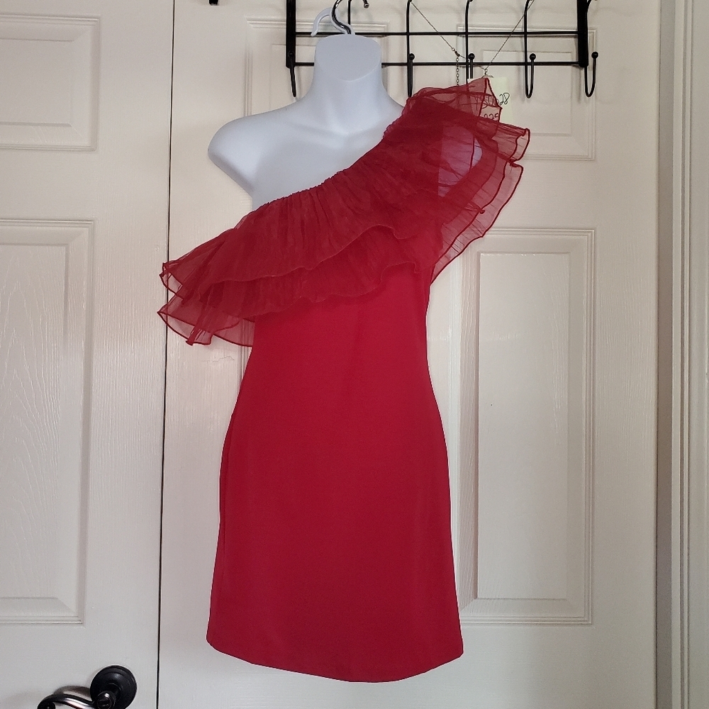 Papermoon One-Shoulder Ruffled Red Mini Dress Pullover Bodycone Size Small